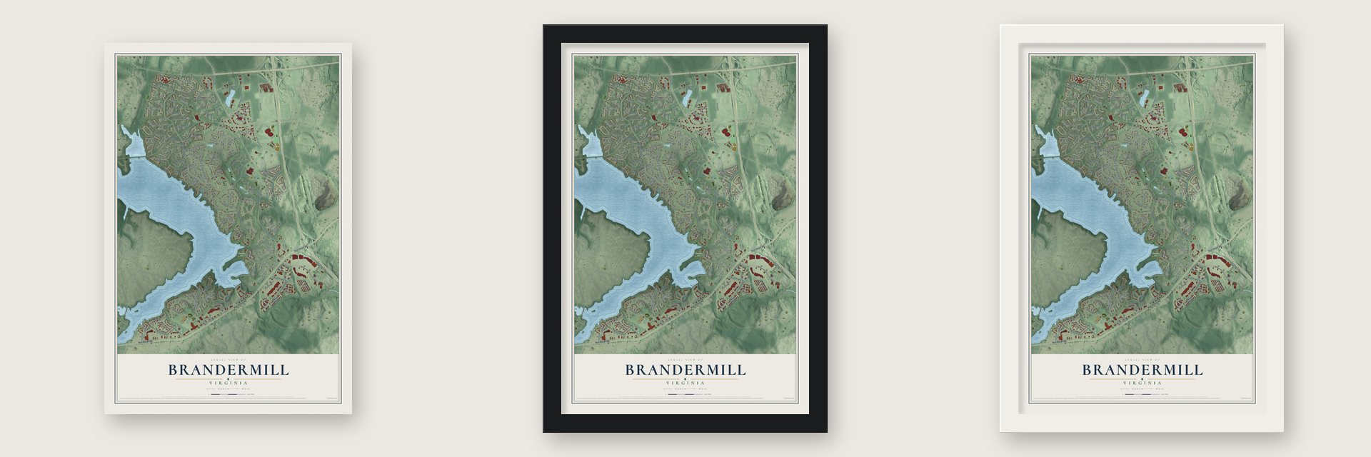 Brandermill, Virginia map unframed, in a black wood frame and in a white wood frame