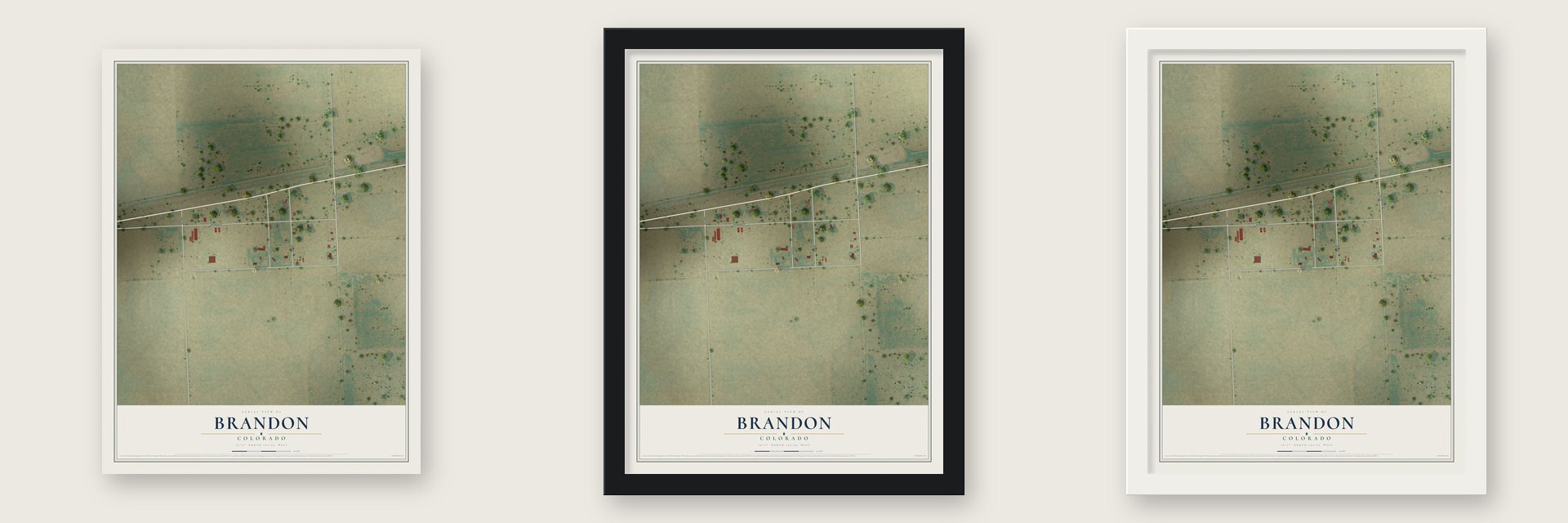 Brandon, Colorado map unframed, in a black wood frame and in a white wood frame