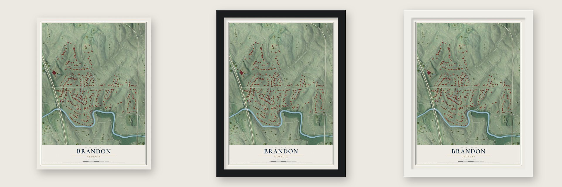 Brandon, Georgia map unframed, in a black wood frame and in a white wood frame