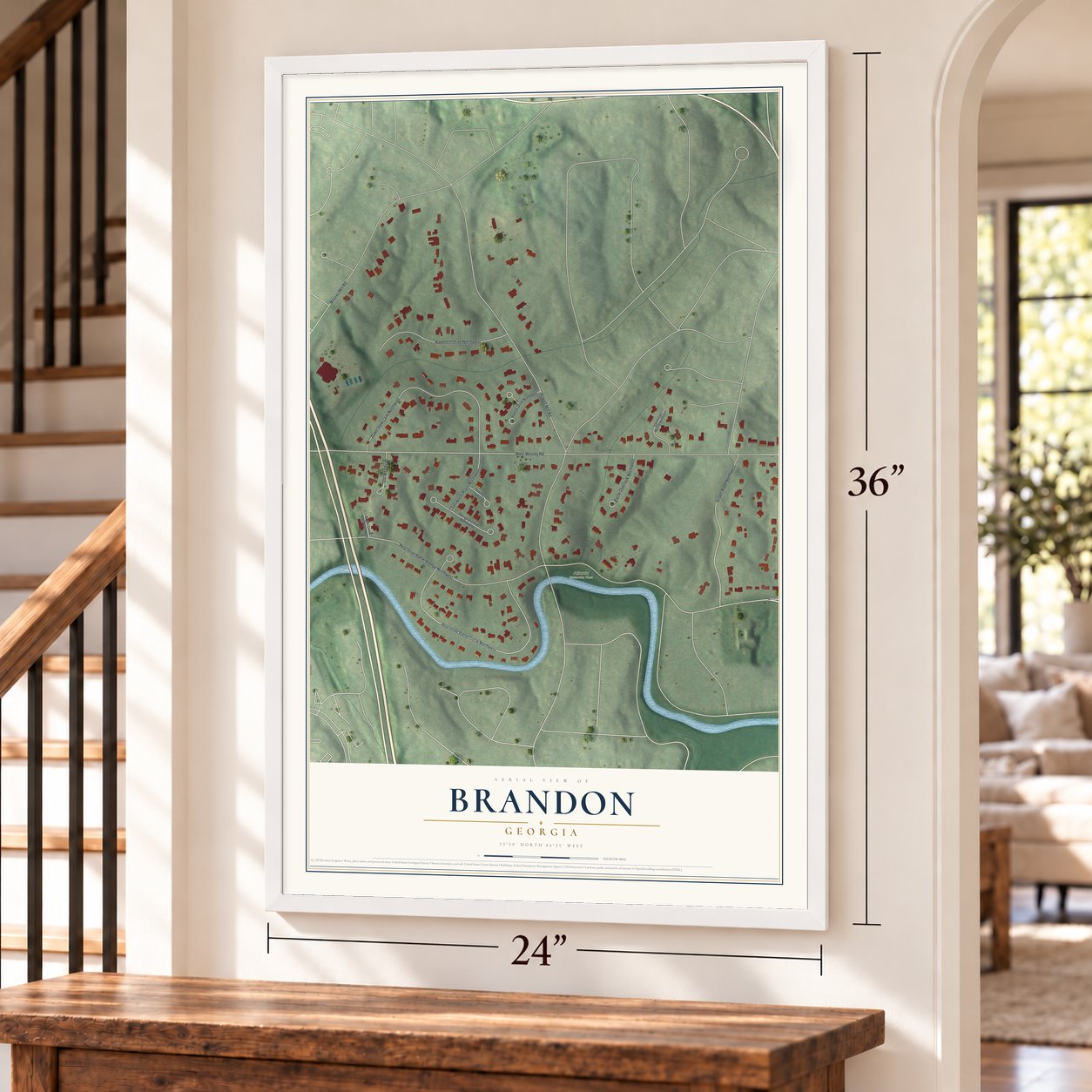 Brandon, Georgia map, 24 x 36 inch print in a white frame by a staircase