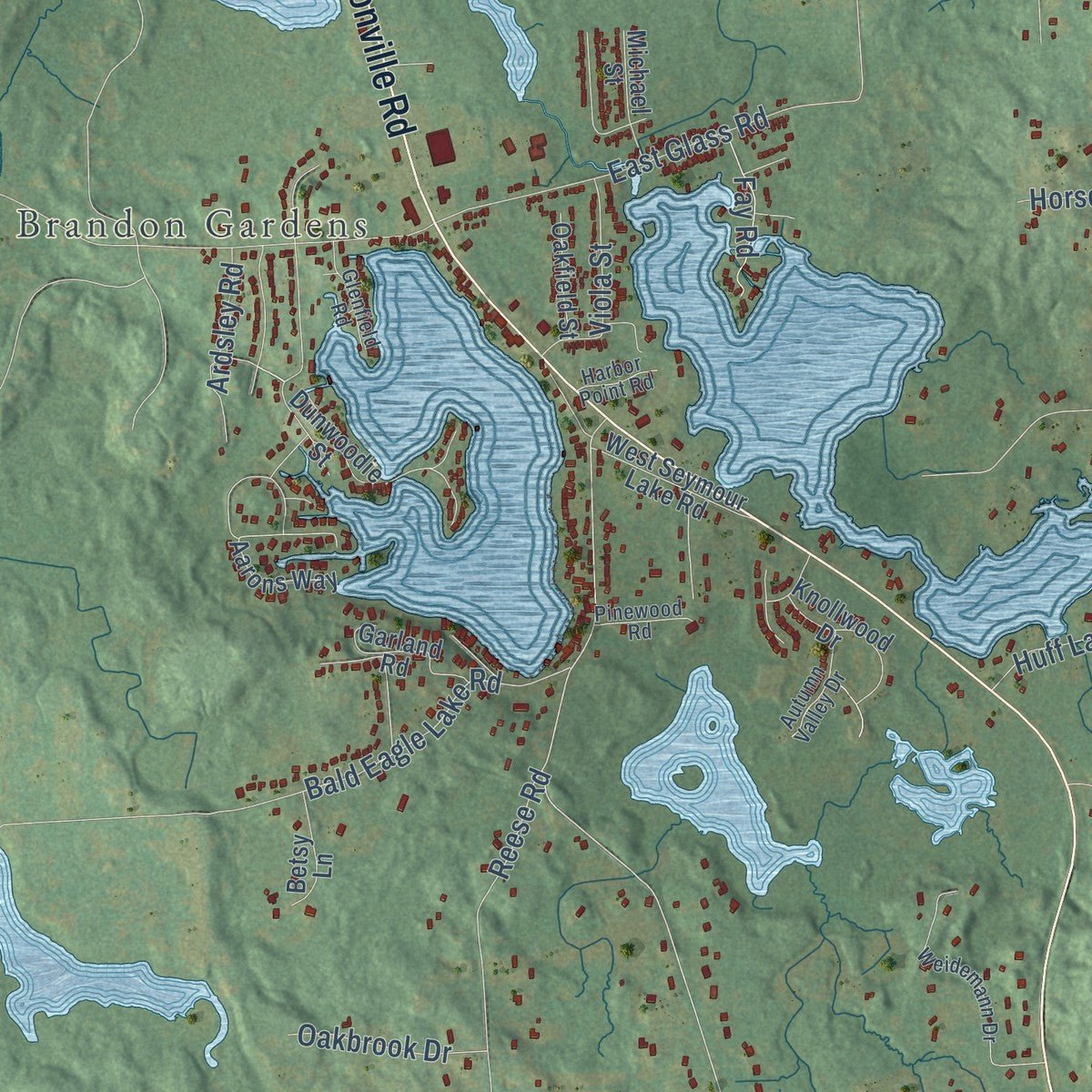 Second close-up of the map of Brandon, Michigan print showing more streets and buildings