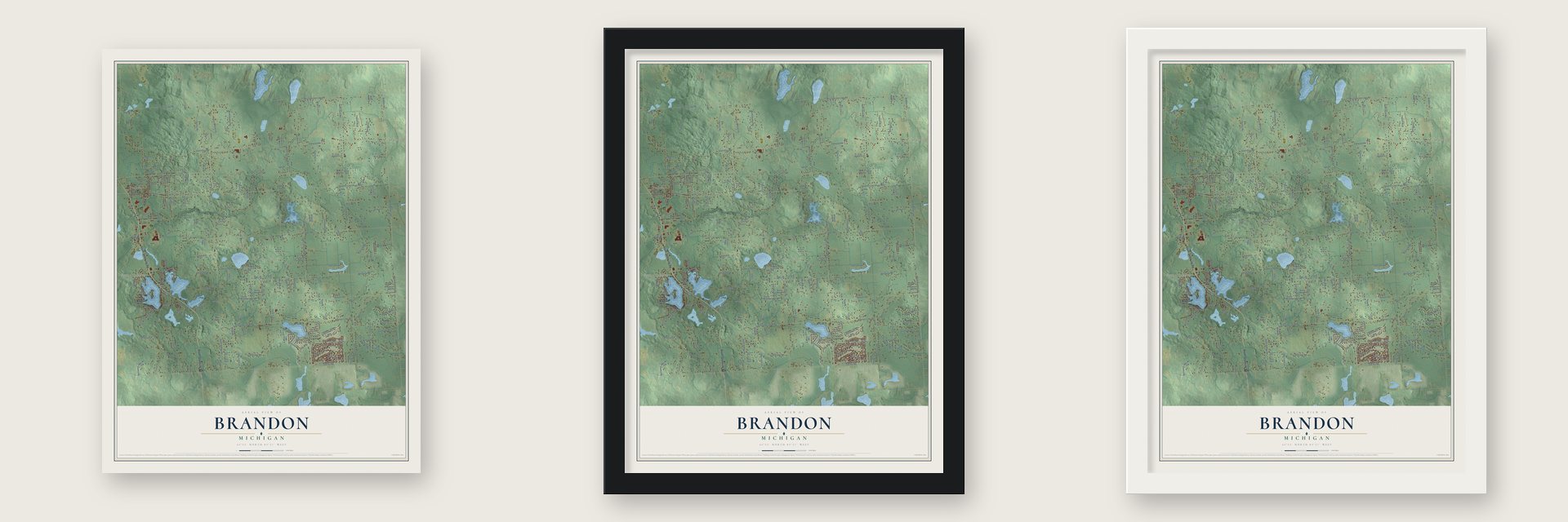 Brandon, Michigan map unframed, in a black wood frame and in a white wood frame