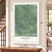 Brandon, Michigan map, 24 x 36 inch print in a white frame by a staircase
