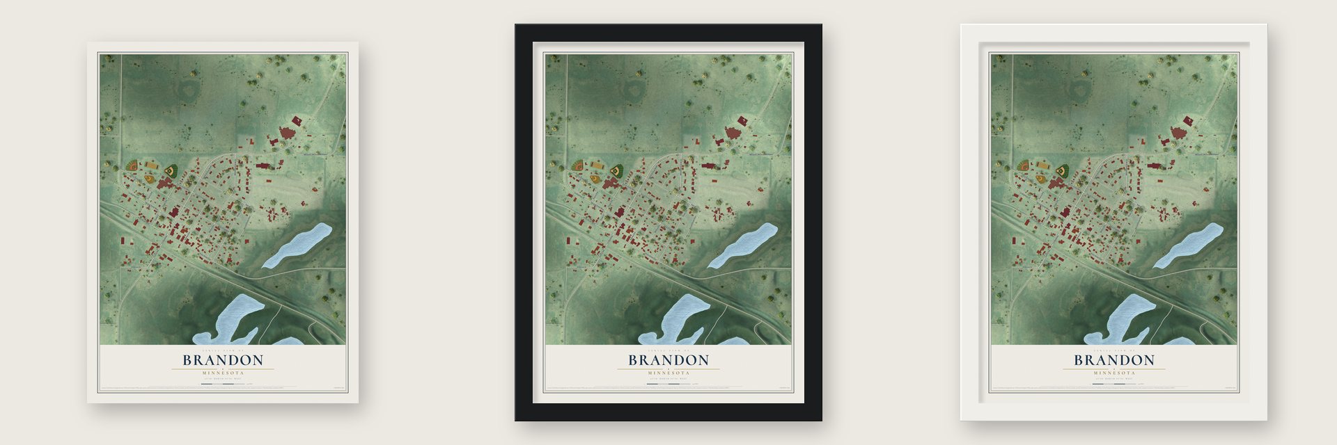 Brandon, Minnesota map unframed, in a black wood frame and in a white wood frame