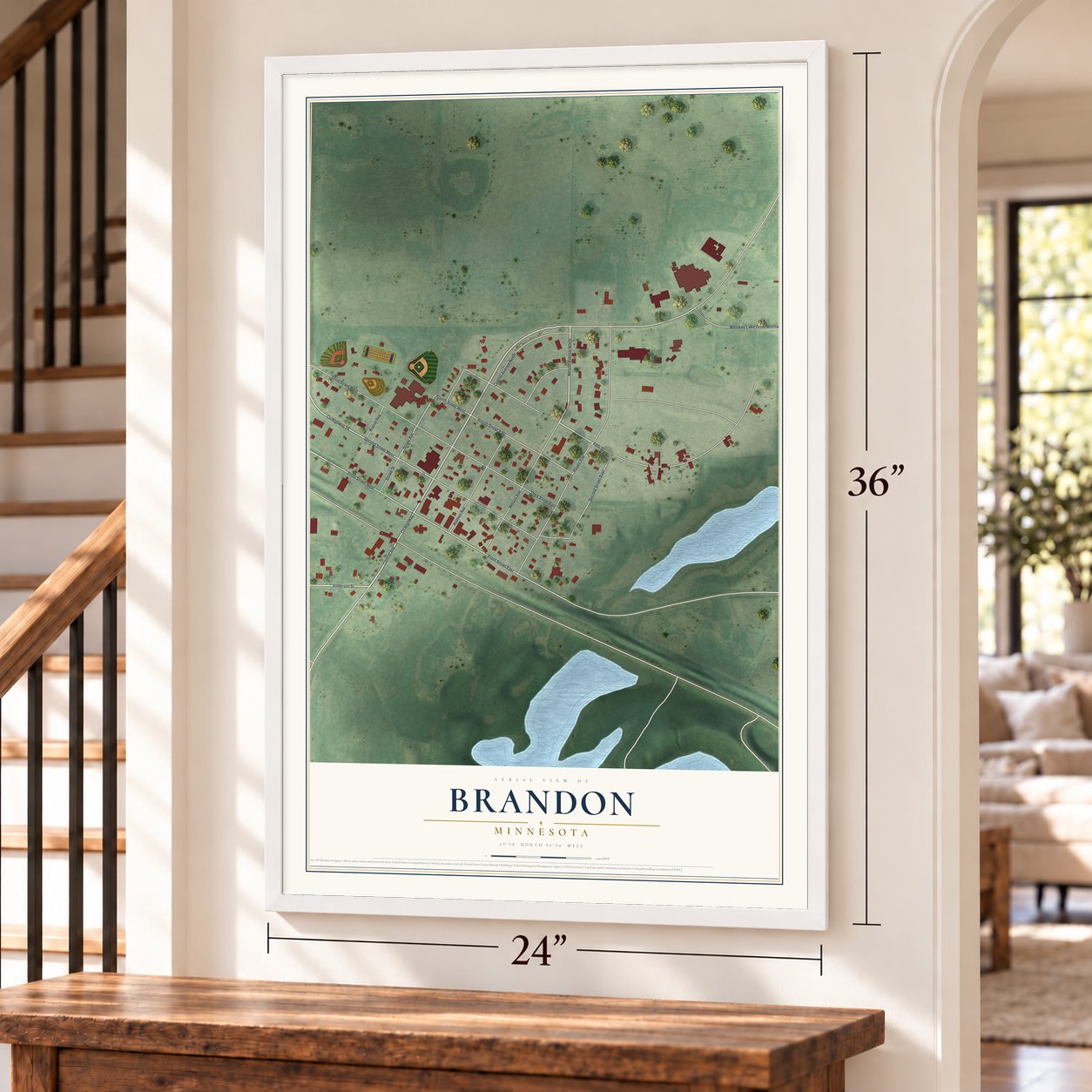 Brandon, Minnesota map, 24 x 36 inch print in a white frame by a staircase