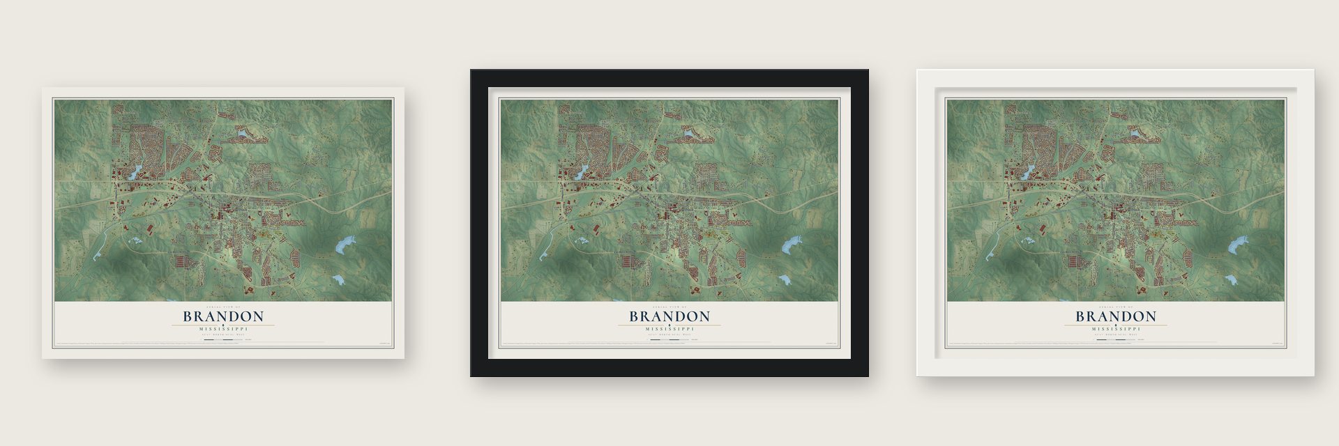 Brandon, Mississippi map unframed, in a black wood frame and in a white wood frame