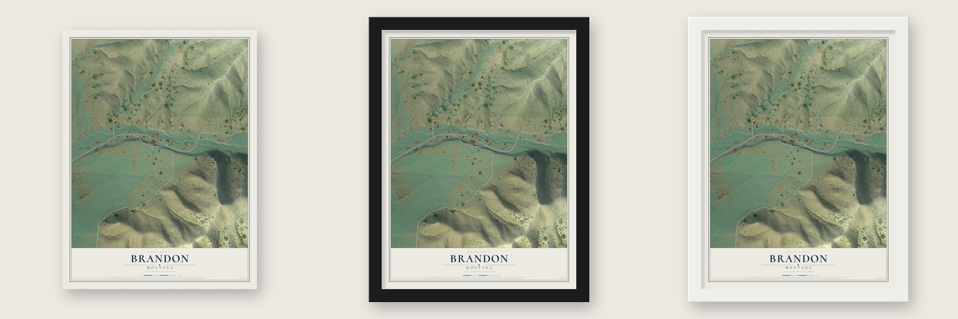 Brandon, Montana map unframed, in a black wood frame and in a white wood frame