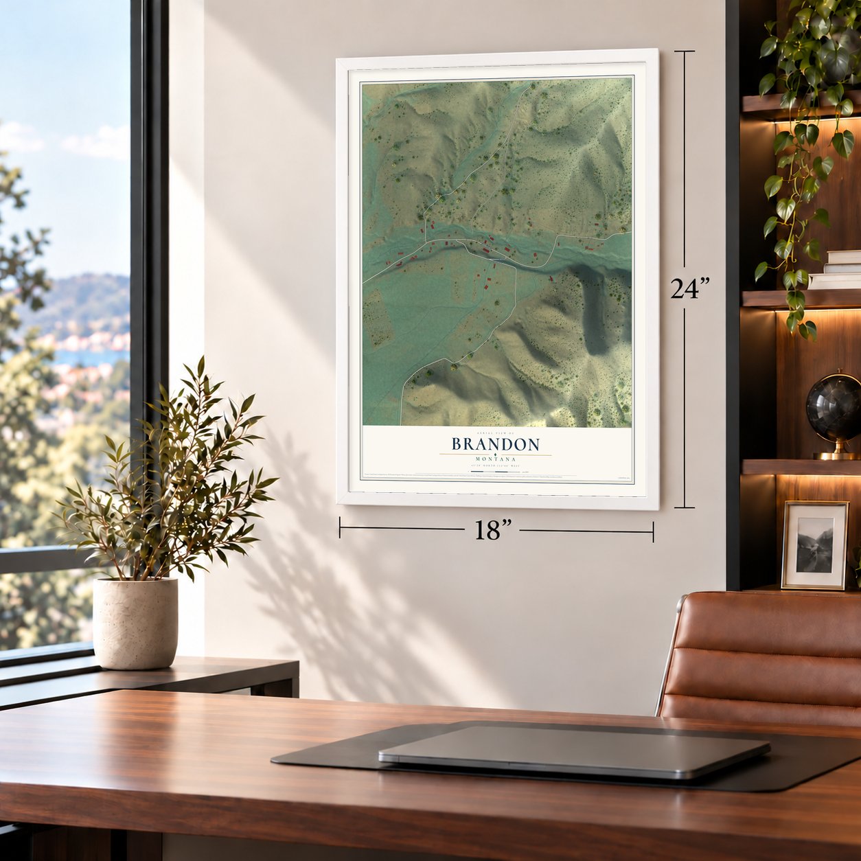 Brandon, Montana map, 18 x 24 inch print in a white frame in a home office