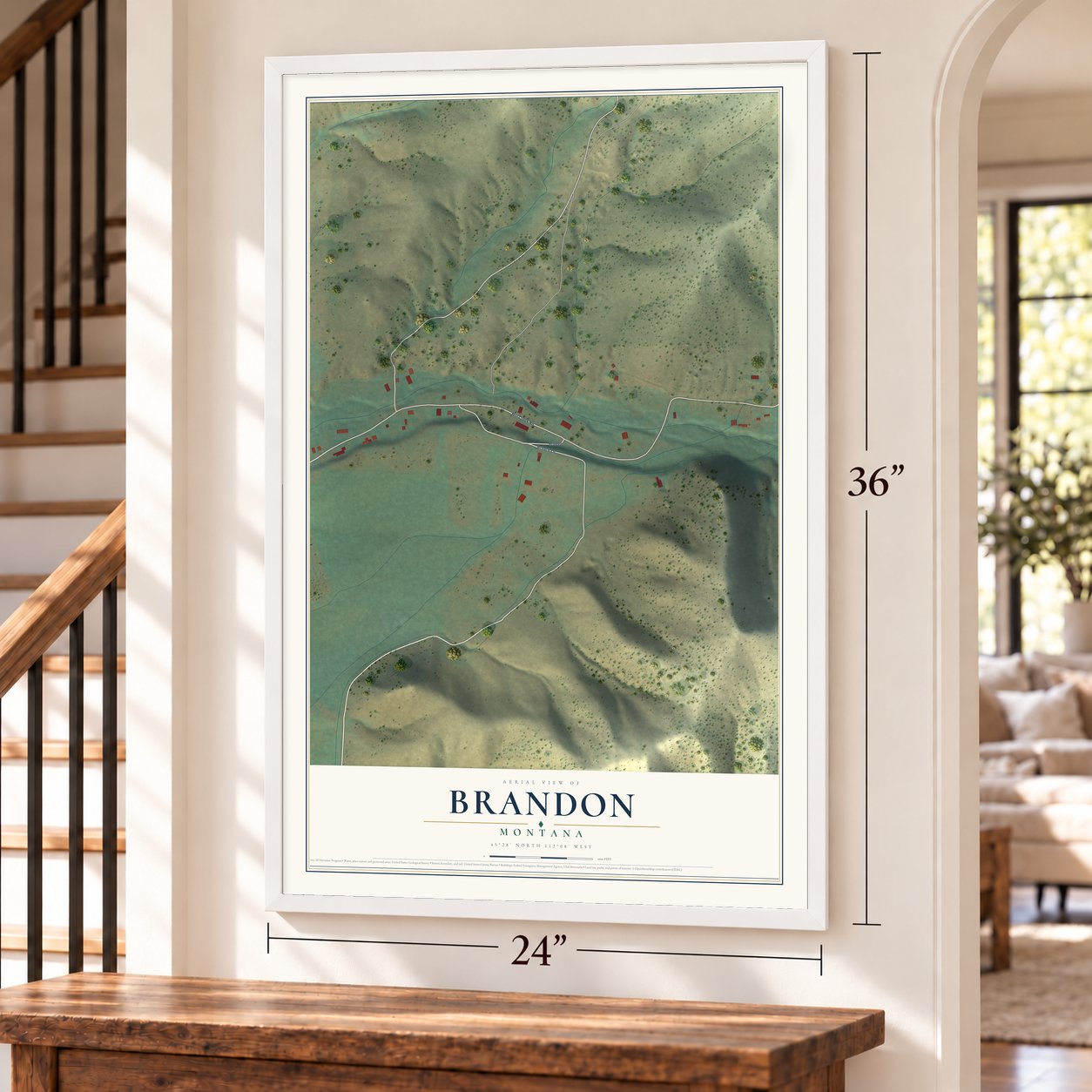 Brandon, Montana map, 24 x 36 inch print in a white frame by a staircase