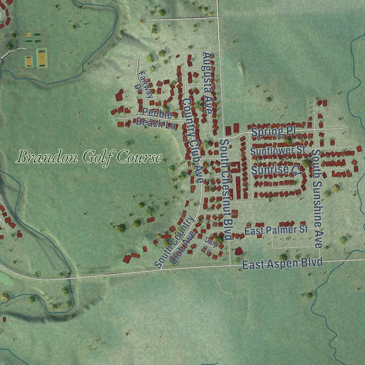 Second close-up of the map of Brandon, South Dakota print showing more streets and buildings