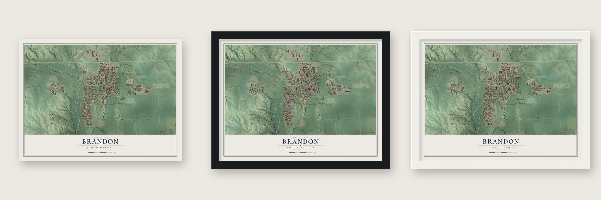 Brandon, South Dakota map unframed, in a black wood frame and in a white wood frame