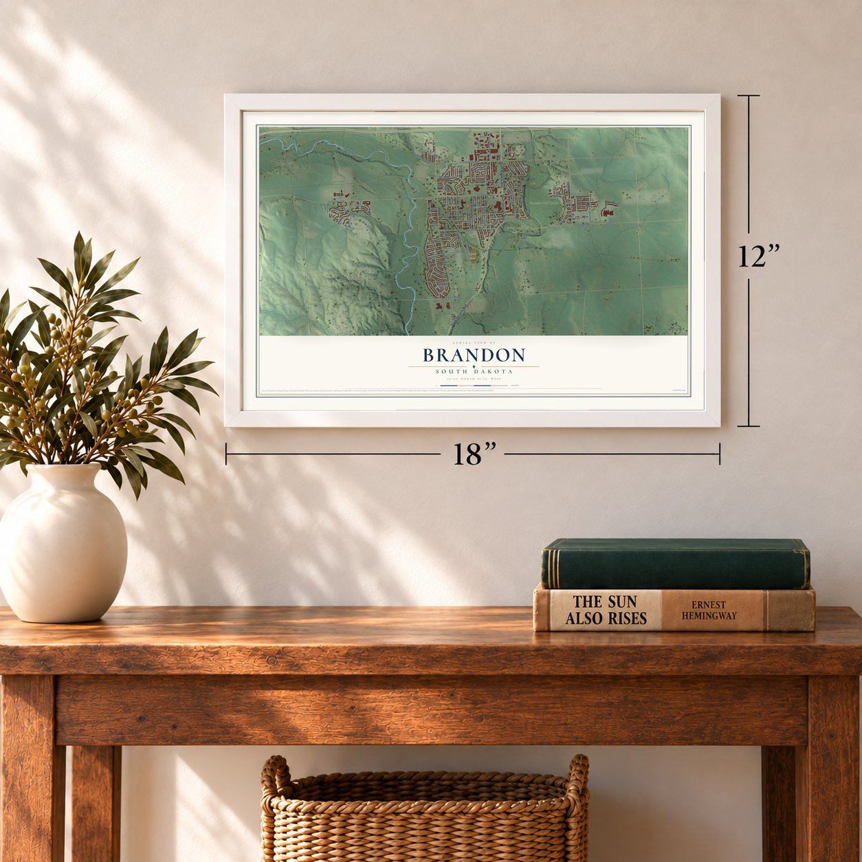 Brandon, South Dakota map, 12 x 18 inch print in a white frame in an entryway