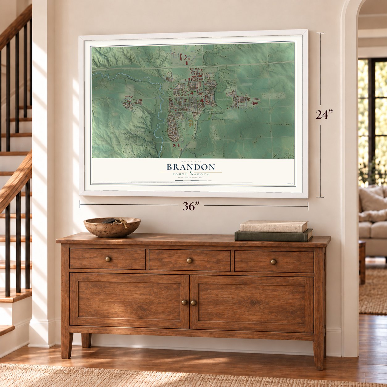 Brandon, South Dakota map, 24 x 36 inch print in a white frame above a dresser by a staircase