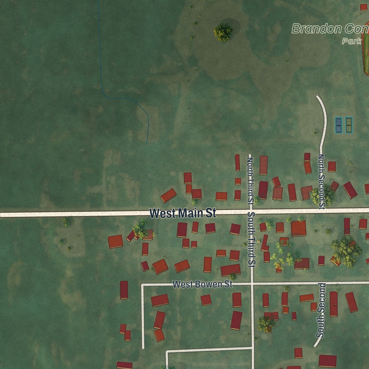 Second close-up of the map of Brandon, Wisconsin print showing more streets and buildings