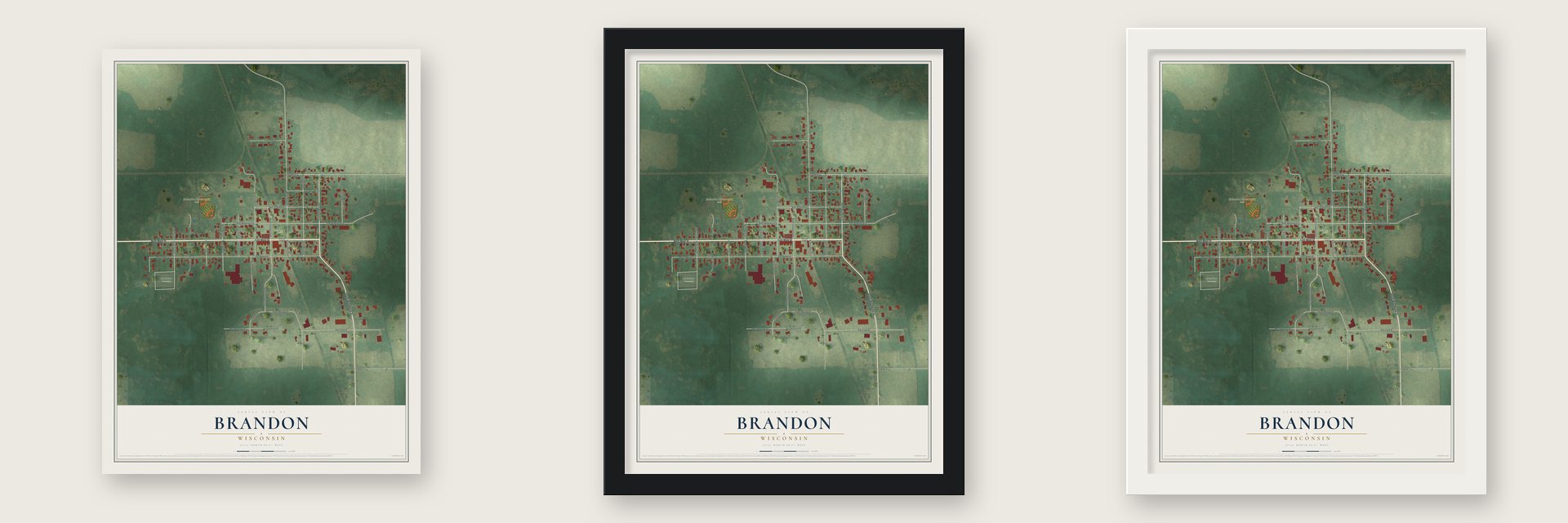 Brandon, Wisconsin map unframed, in a black wood frame and in a white wood frame
