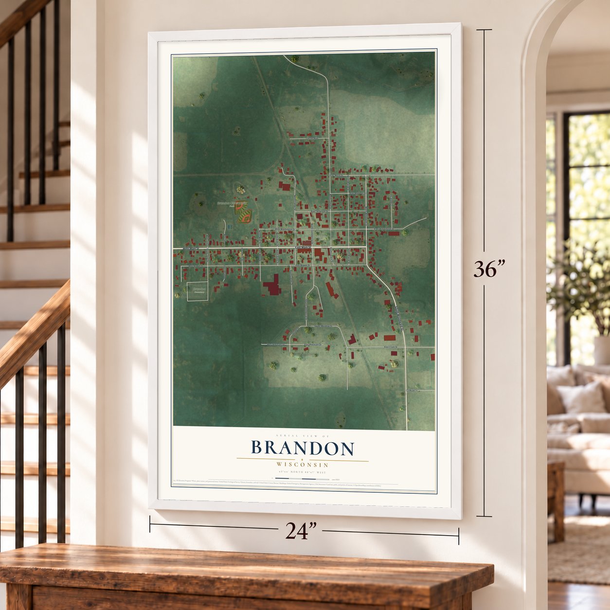 Brandon, Wisconsin map, 24 x 36 inch print in a white frame by a staircase