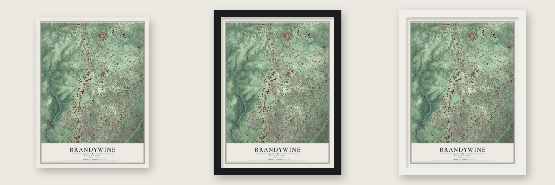 Brandywine, Delaware map unframed, in a black wood frame and in a white wood frame