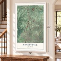 Brandywine, Delaware map, 24 x 36 inch print in a white frame by a staircase
