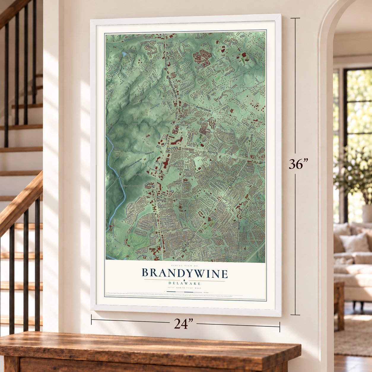 Brandywine, Delaware map, 24 x 36 inch print in a white frame by a staircase