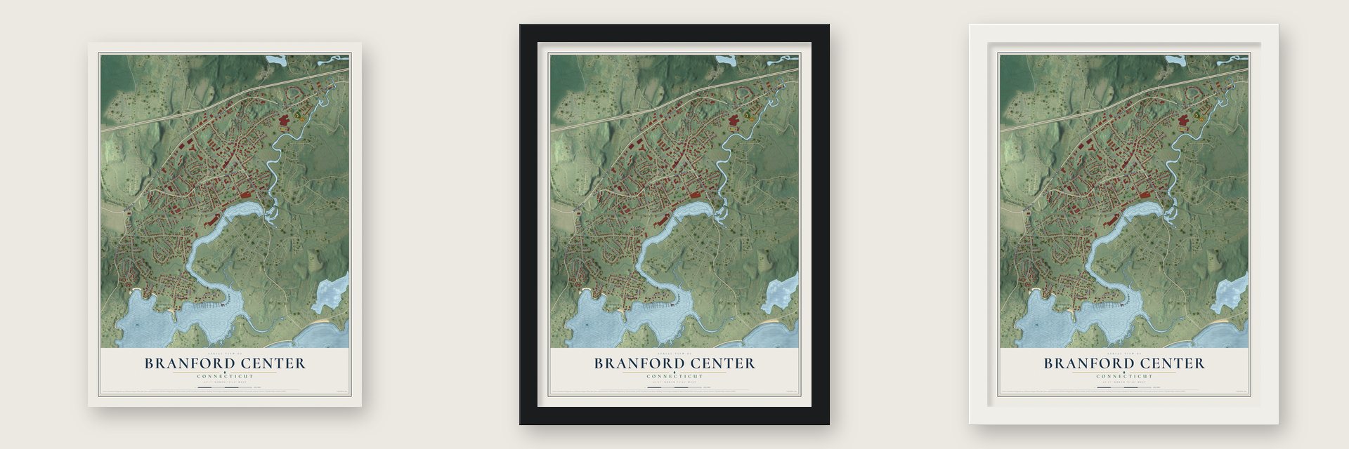 Branford Center, Connecticut map unframed, in a black wood frame and in a white wood frame