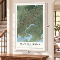Branford Center, Connecticut map, 24 x 36 inch print in a white frame by a staircase