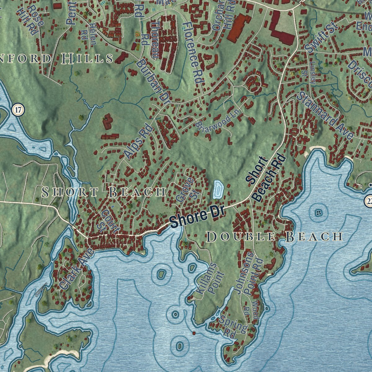Second close-up of the map of Branford, Connecticut print showing more streets and buildings