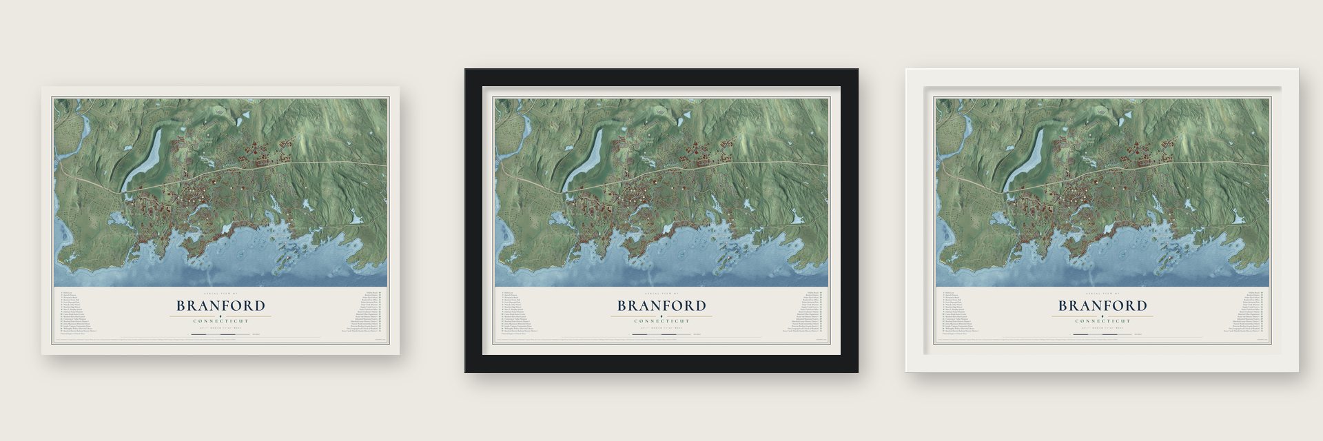 Branford, Connecticut map unframed, in a black wood frame and in a white wood frame