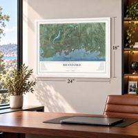 Branford, Connecticut map, 18 x 24 inch print in a white frame in a home office
