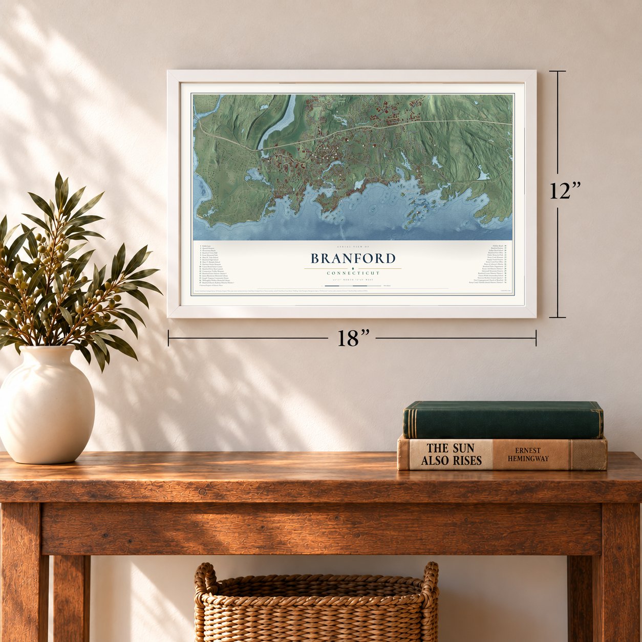 Branford, Connecticut map, 12 x 18 inch print in a white frame in an entryway