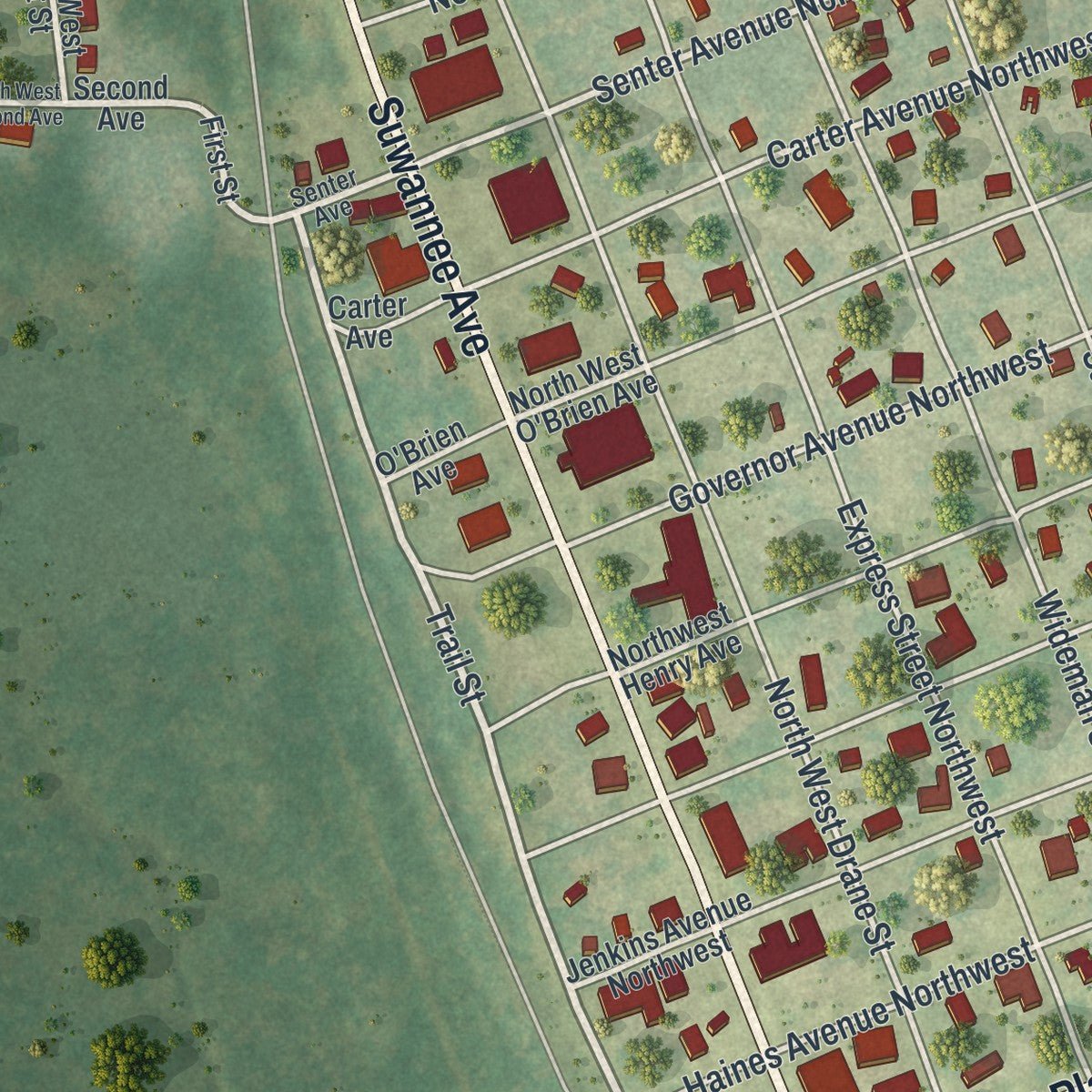 Second close-up of the map of Branford, Florida print showing more streets and buildings
