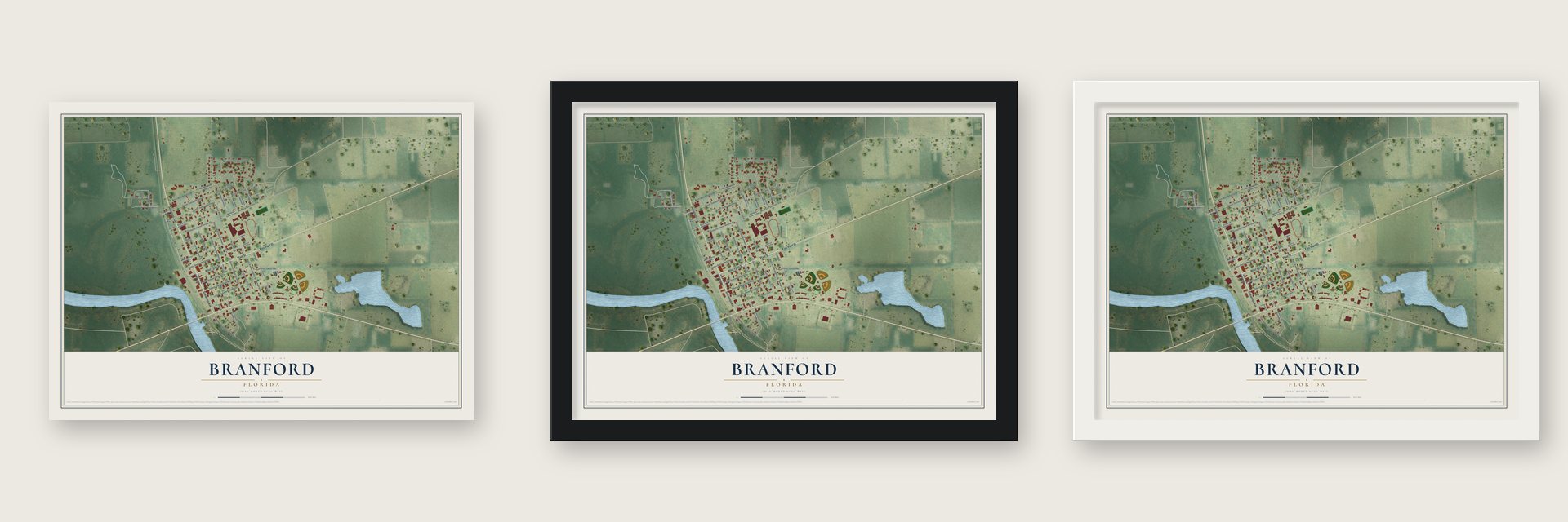 Branford, Florida map unframed, in a black wood frame and in a white wood frame
