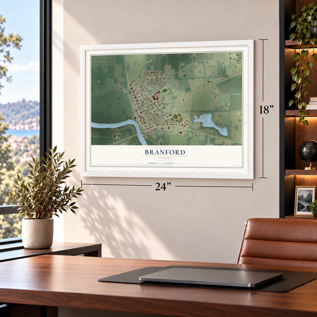 Branford, Florida map, 18 x 24 inch print in a white frame in a home office