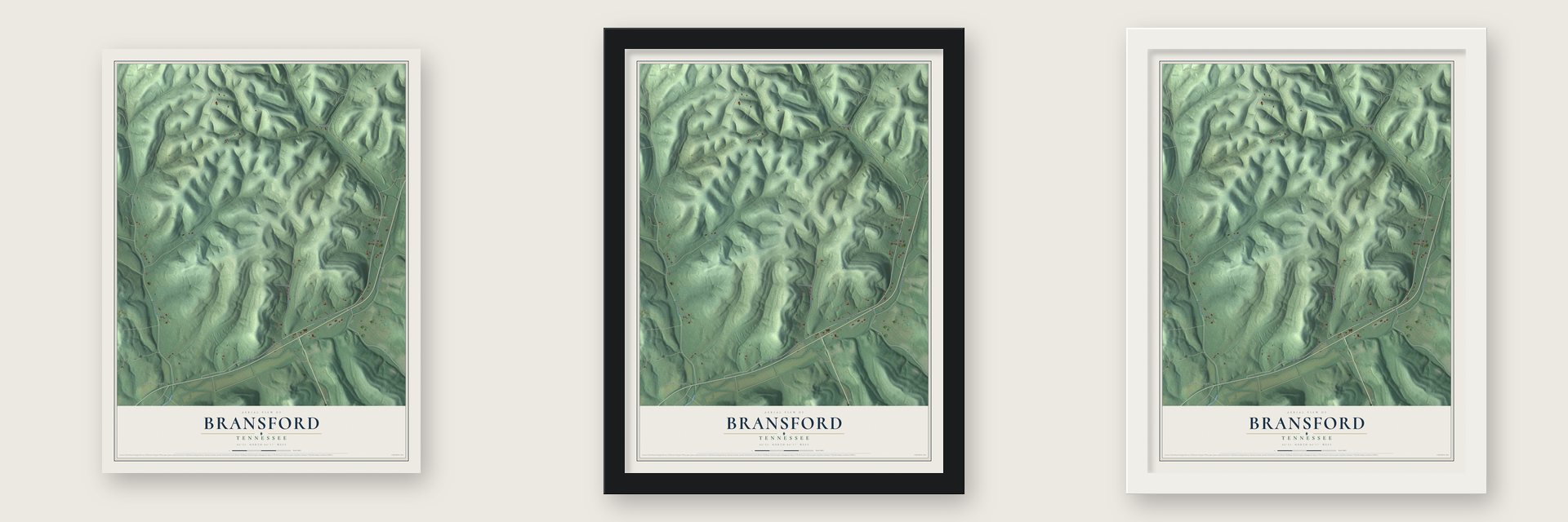 Bransford, Tennessee map unframed, in a black wood frame and in a white wood frame