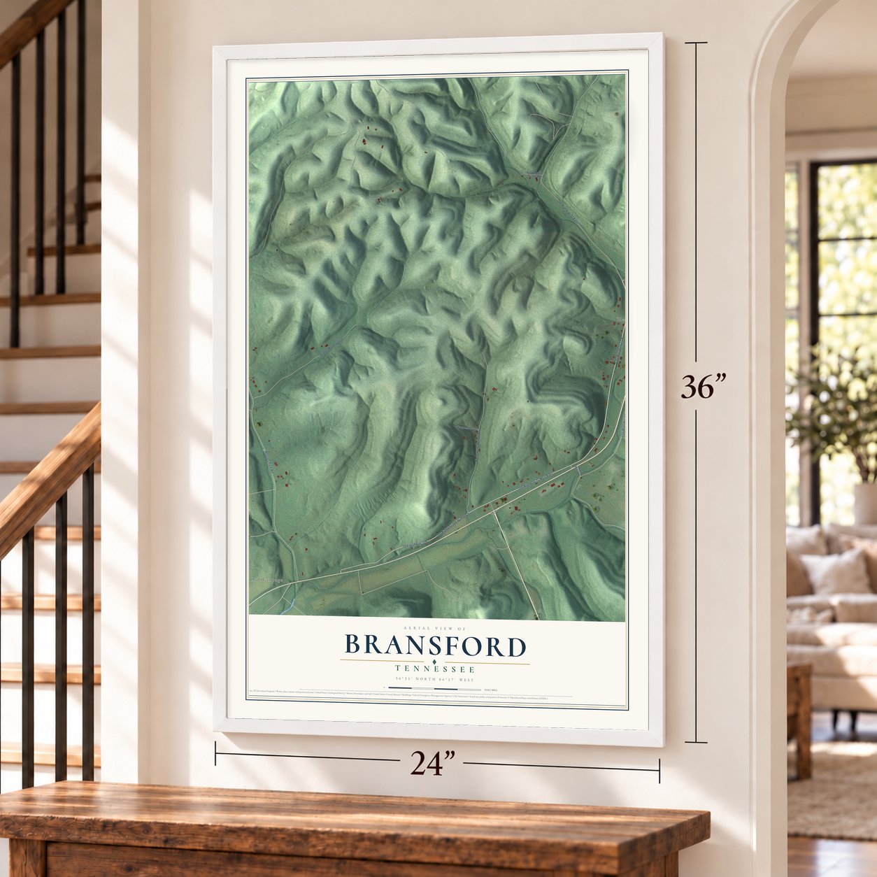 Bransford, Tennessee map, 24 x 36 inch print in a white frame by a staircase