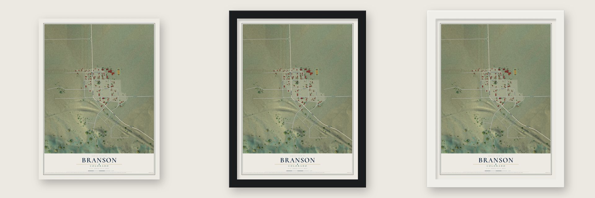 Branson, Colorado map unframed, in a black wood frame and in a white wood frame