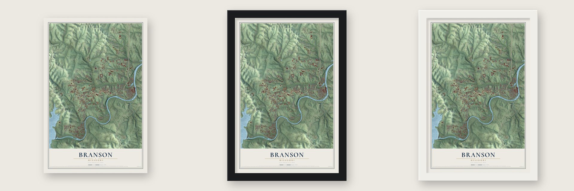 Branson, Missouri map unframed, in a black wood frame and in a white wood frame