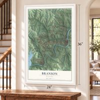 Branson, Missouri map, 24 x 36 inch print in a white frame by a staircase