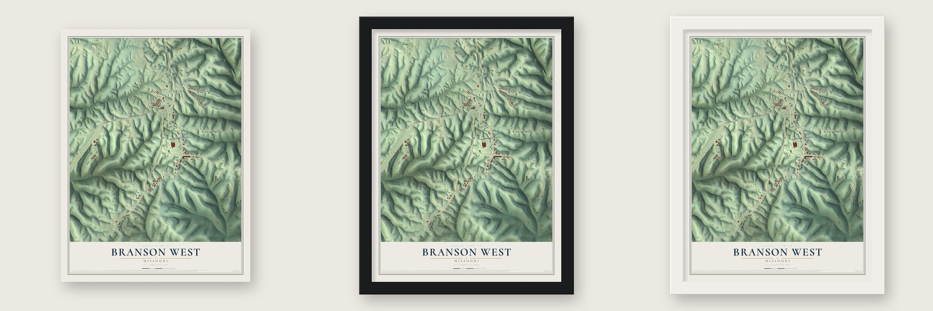 Branson West, Missouri map unframed, in a black wood frame and in a white wood frame