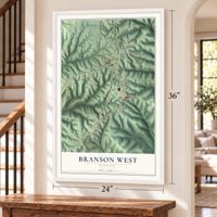 Branson West, Missouri map, 24 x 36 inch print in a white frame by a staircase