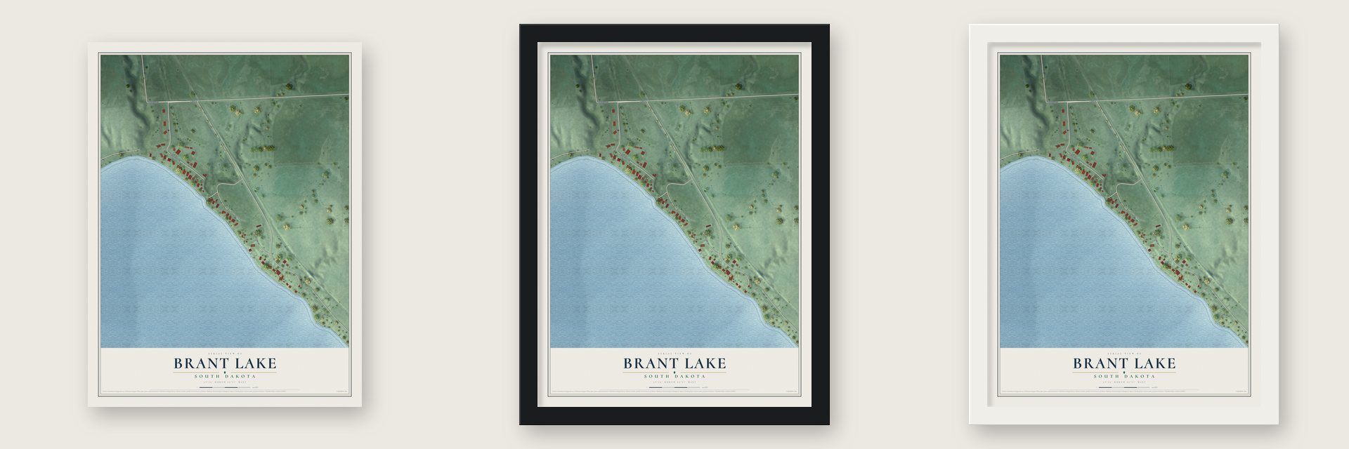 Brant Lake, South Dakota map unframed, in a black wood frame and in a white wood frame