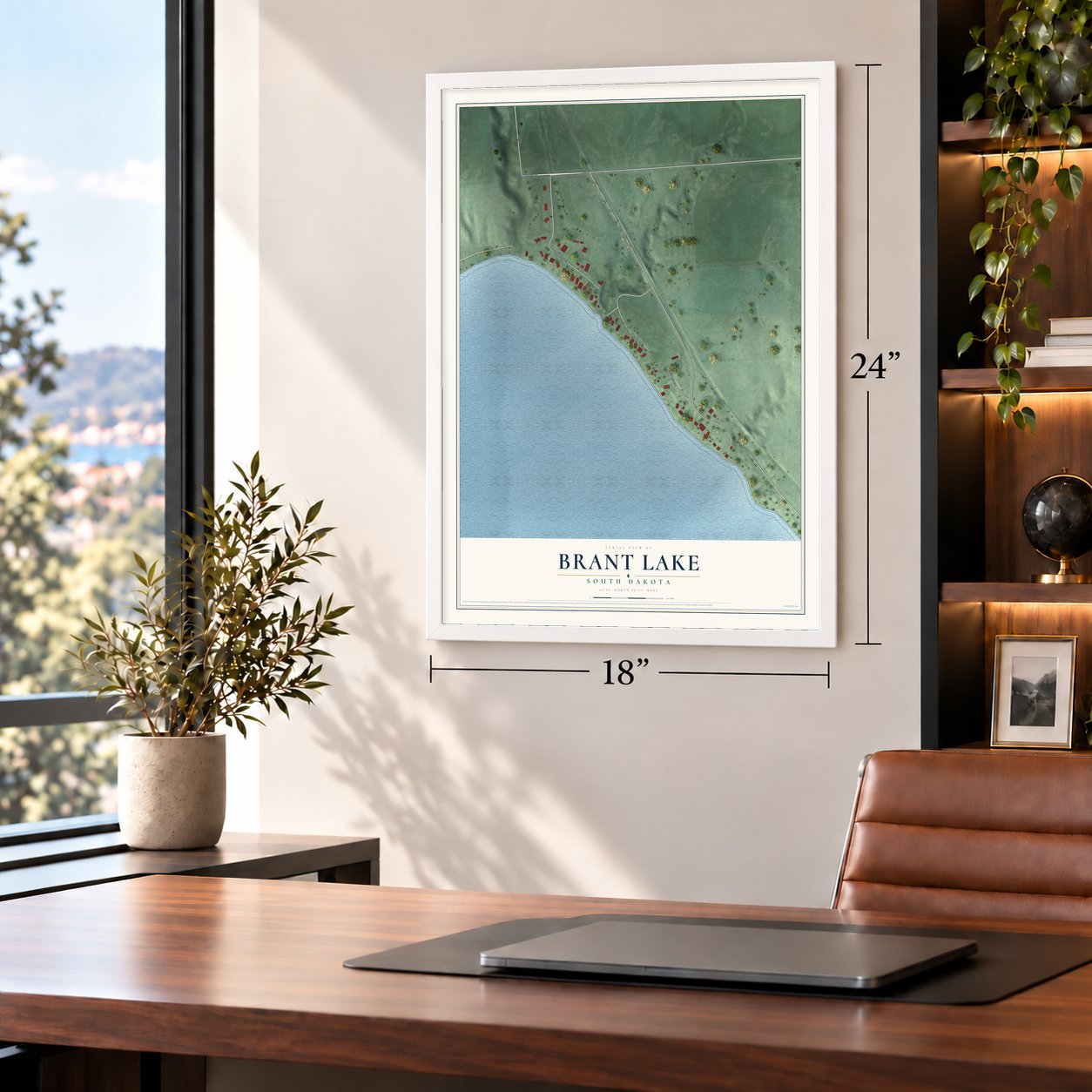 Brant Lake, South Dakota map, 18 x 24 inch print in a white frame in a home office