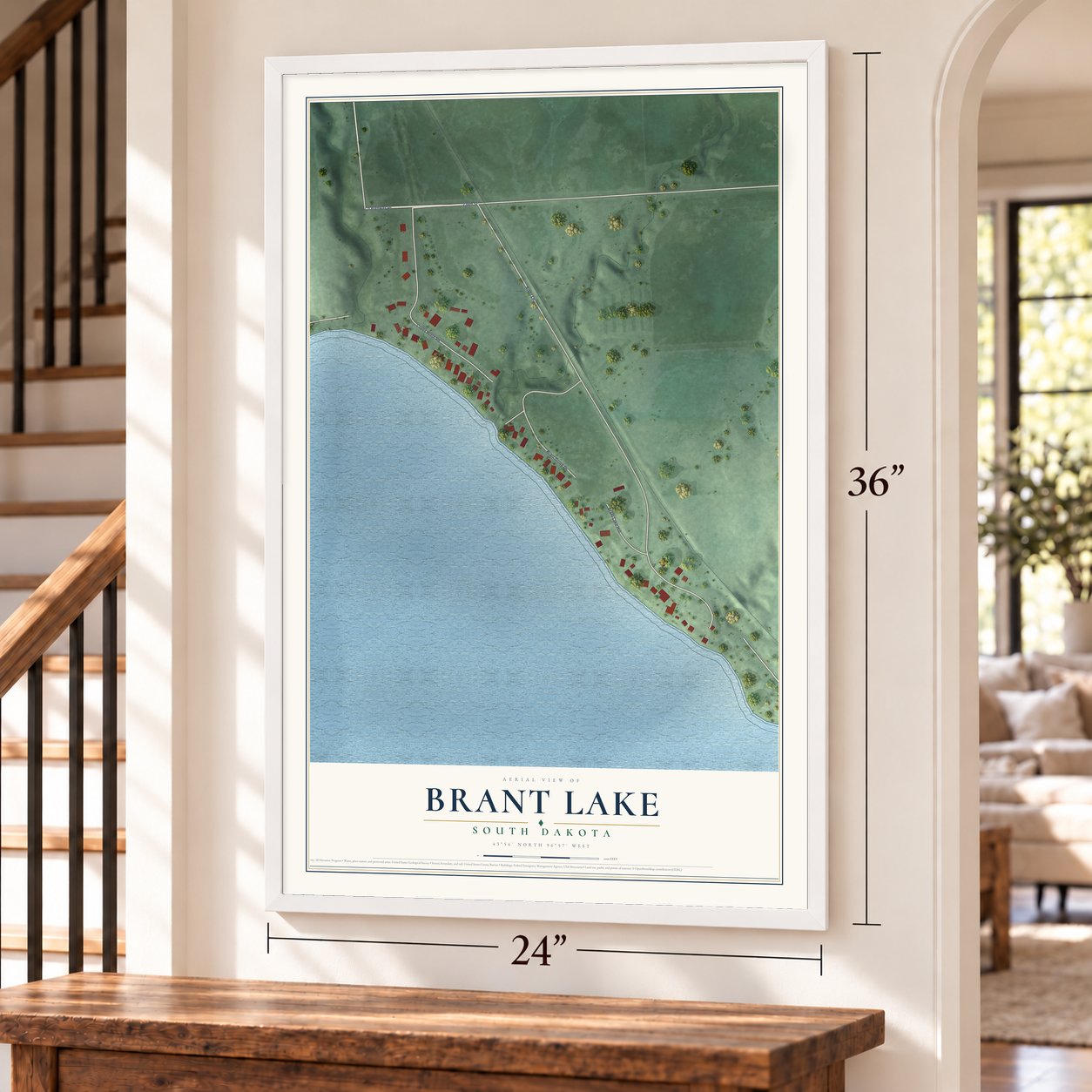 Brant Lake, South Dakota map, 24 x 36 inch print in a white frame by a staircase
