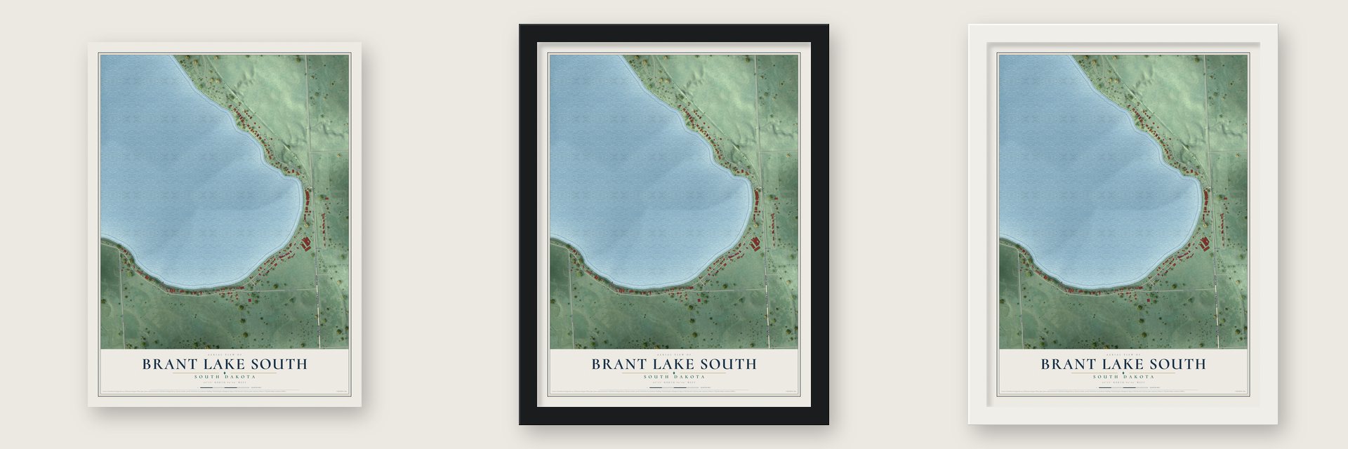 Brant Lake South, South Dakota map unframed, in a black wood frame and in a white wood frame
