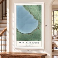 Brant Lake South, South Dakota map, 24 x 36 inch print in a white frame by a staircase