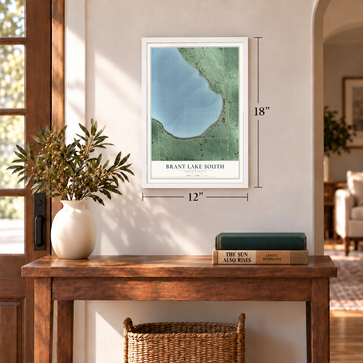 Brant Lake South, South Dakota map, 12 x 18 inch print in a white frame in an entryway