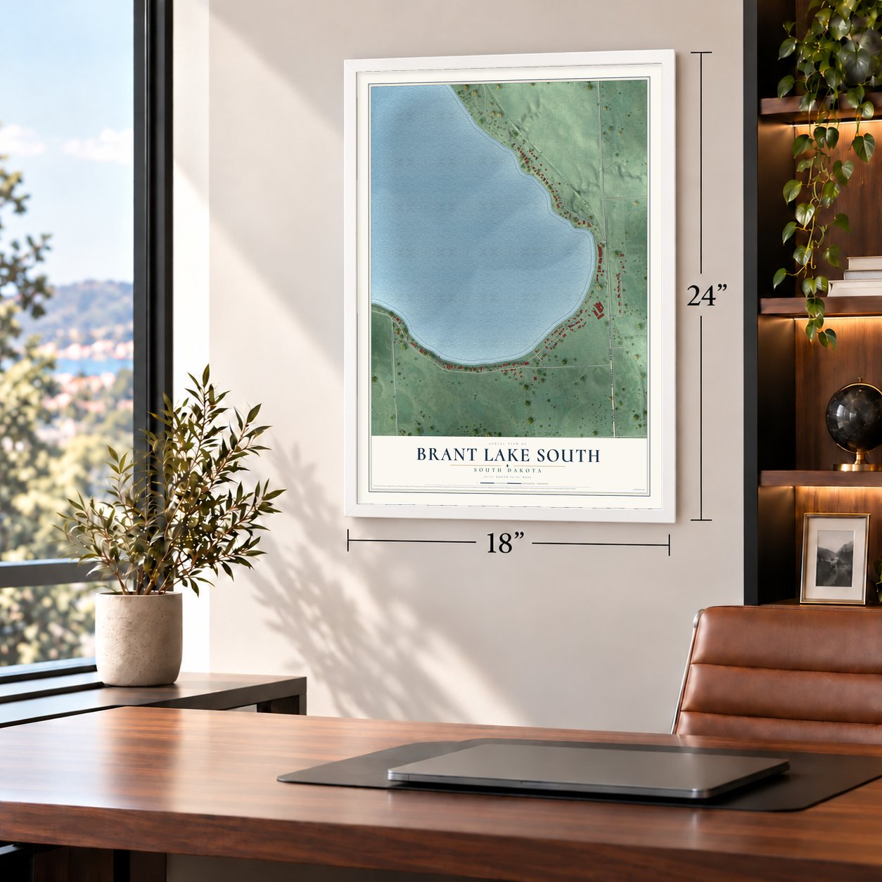 Brant Lake South, South Dakota map, 18 x 24 inch print in a white frame in a home office