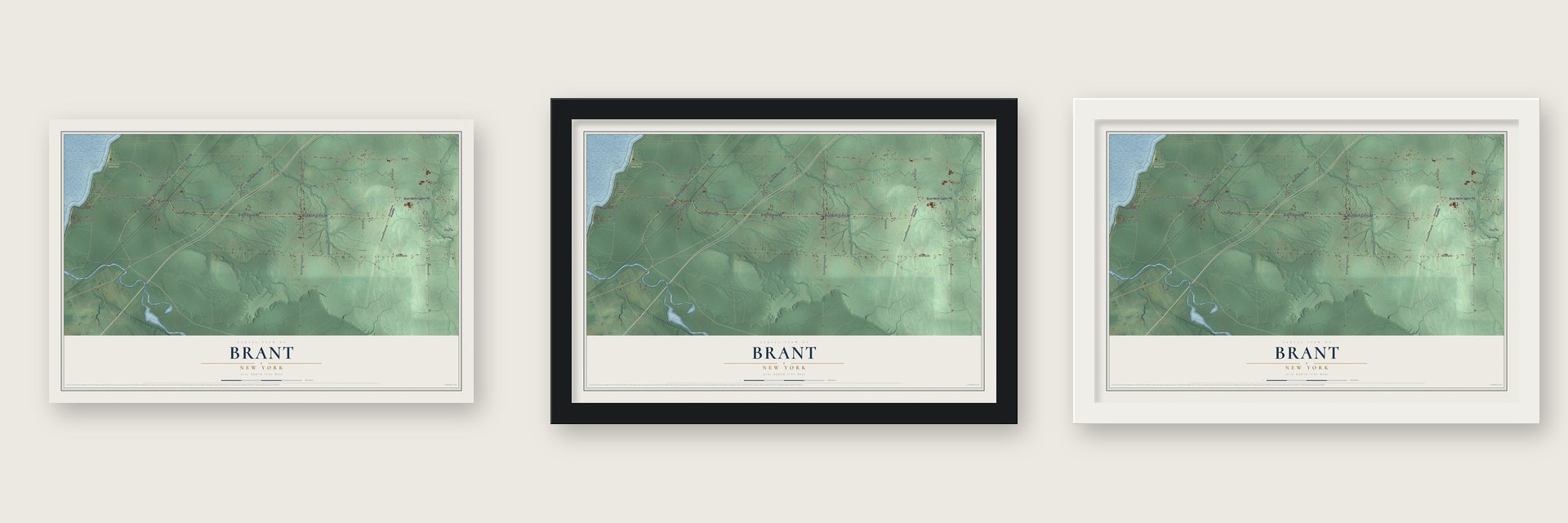 Brant, New York map unframed, in a black wood frame and in a white wood frame