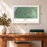 Brant, New York map, 12 x 18 inch print in a white frame in an entryway