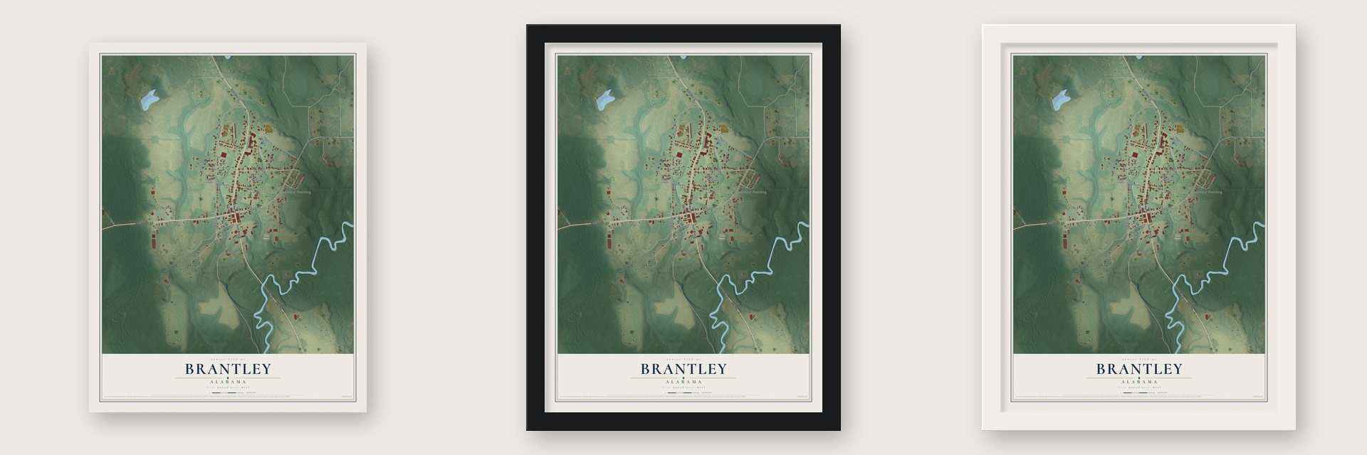 Brantley, Alabama map unframed, in a black wood frame and in a white wood frame