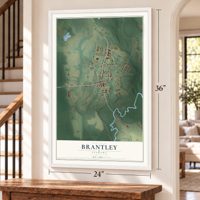 Brantley, Alabama map, 24 x 36 inch print in a white frame by a staircase